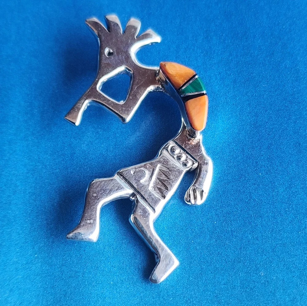 Silver Kokopelli Brooch with Apple Coral and Malachite Accents~ - Picture 1 of 8